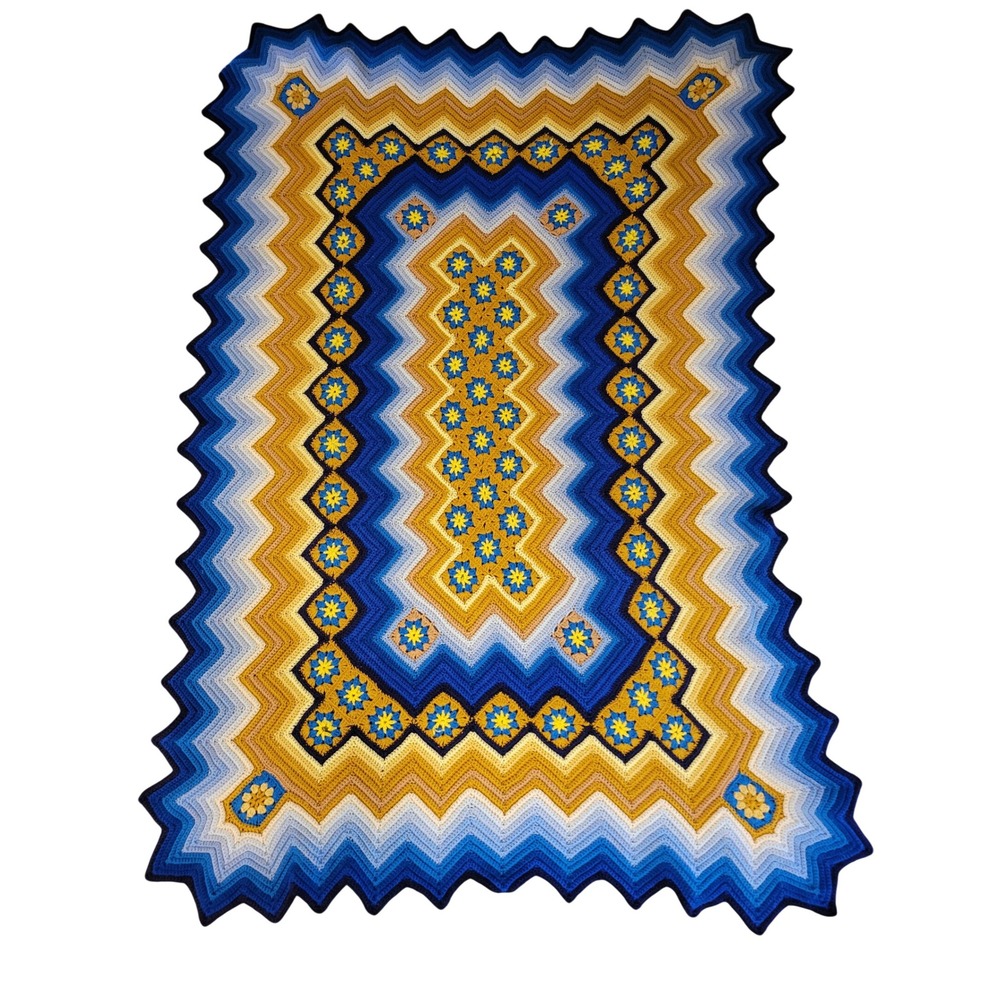 Vintage 70s Handmade Crochet Blanket Afghan Geometric Chevron Blue Gold Zag Zig